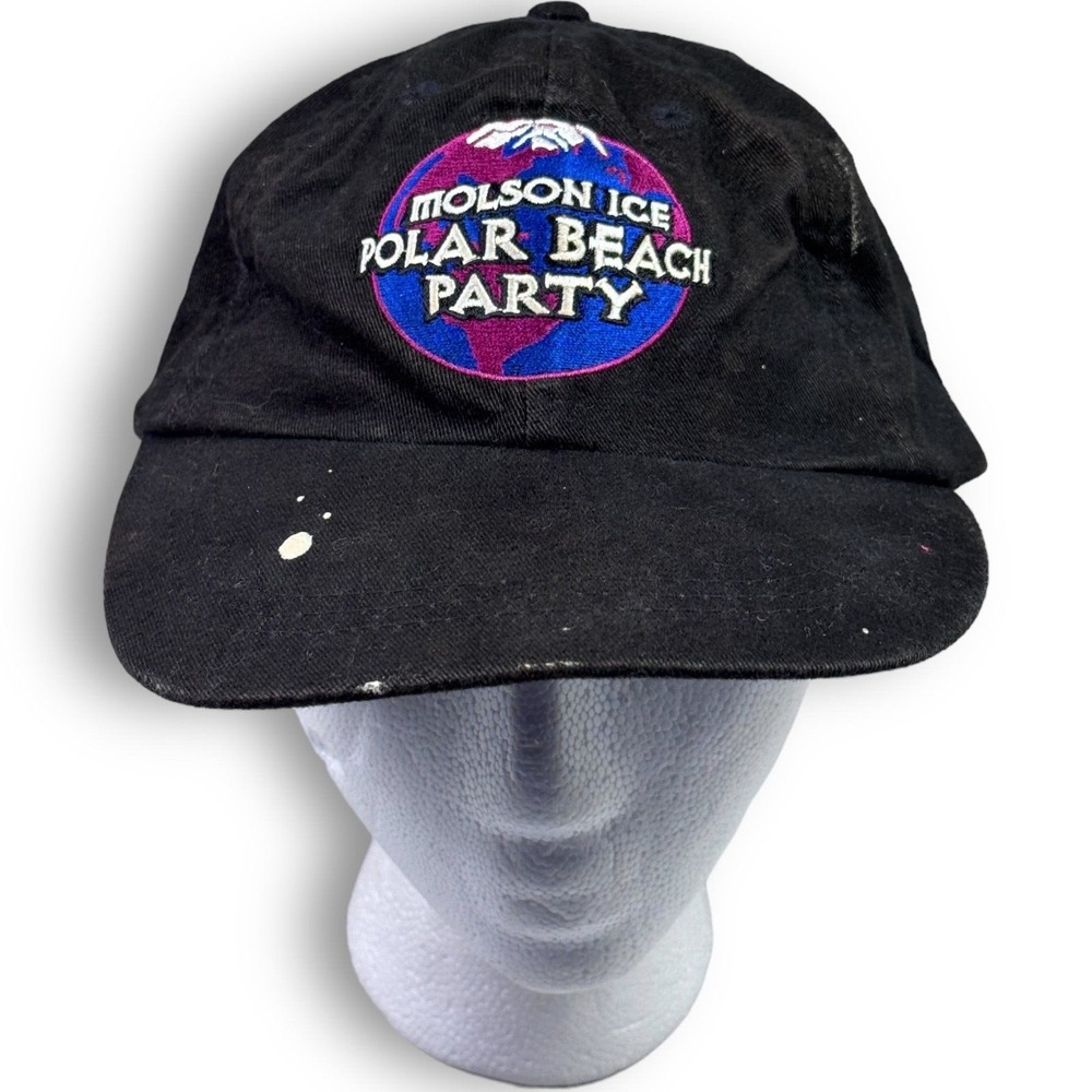 Vintage Molson Ice Polar Beach Party‎ Black Hat Distressed Cap Adjustable Strap